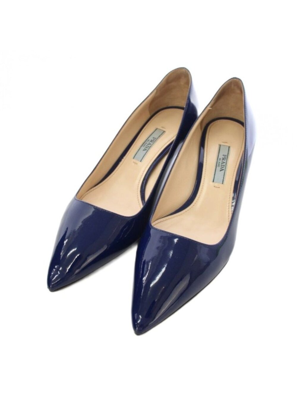 Prada Enamel Pumps Pointed Toe Navy Blue TK Heel 34